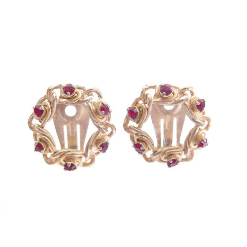 Vintage Signed "KRAMER" ruby red rhinestone gold plated wreath clip-on earrings
